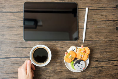 High angle view of breakfast on table