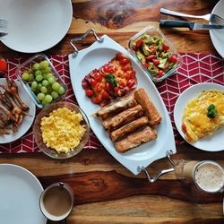 High angle view of breakfast served on table