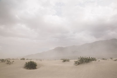 Scenic view of death valley against sky during sandstorm