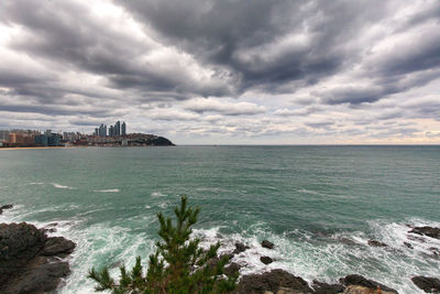 Scenic view of sea against cloudy sky
