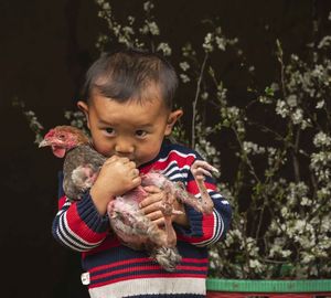 Portrait of cute boy holding outdoors