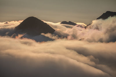 Scenic view of snowcapped mountains against sky during sunset