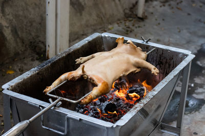 High angle view of food on barbecue grill