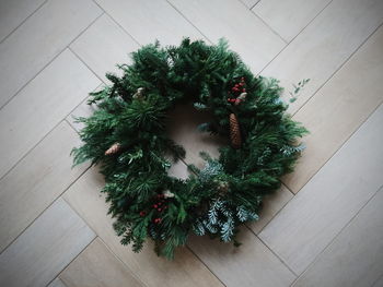 High angle view of christmas tree on table