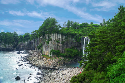 Scenic view of river flowing through rocks in forest against sky