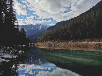 Scenic view of lake by mountains against sky