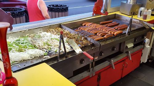 High angle view of food on barbecue grill