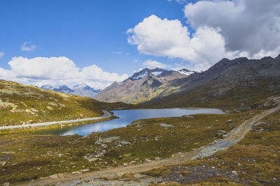 Scenic view of lake and mountains against sky