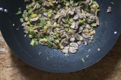 High angle view of mushrooms on table
