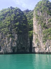 Scenic view of mountain by sea against sky