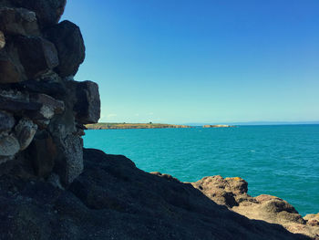 Scenic view of sea against clear blue sky