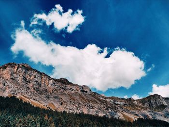 Low angle view of mountain against blue sky