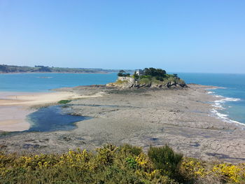 Scenic view of sea against clear blue sky