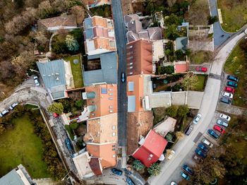 High angle view of street amidst buildings in city