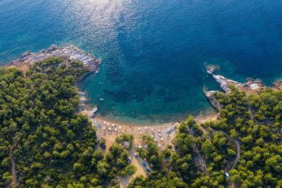 Aerial drone view of beach umbrellas and sunbeds on the coast in thassos island, greece