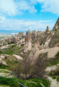 Panoramic view of cappadocia landscape against sky