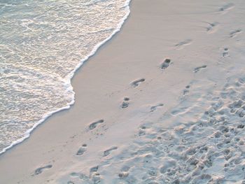 High angle view of footprints on sand at beach