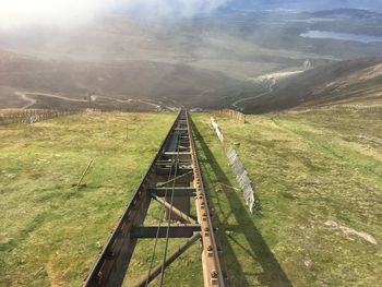 Railroad track at cairngorm mountains on sunny day
