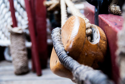 Close-up of rope and pully on tall ship