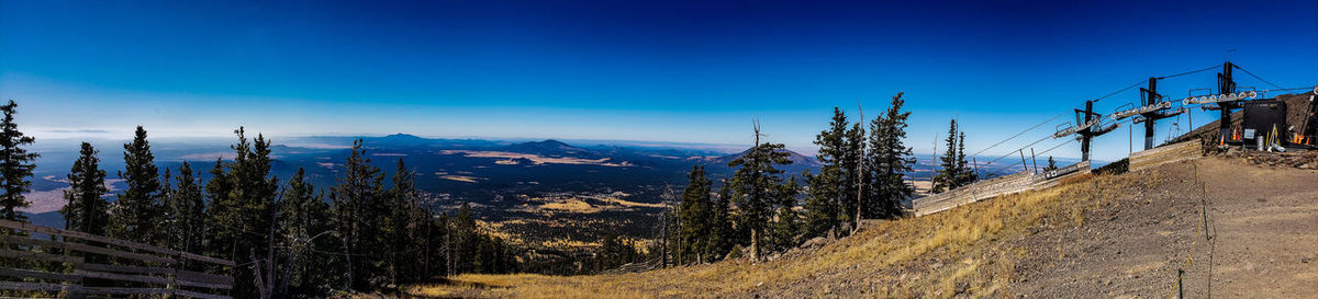 Scenic view of snowcapped mountains against clear blue sky