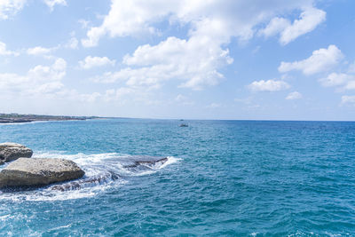 Mediterranean sea, white chalk rocks and some beaches captured from rosh hanikra formation in israel