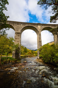 Arch bridge over river against sky