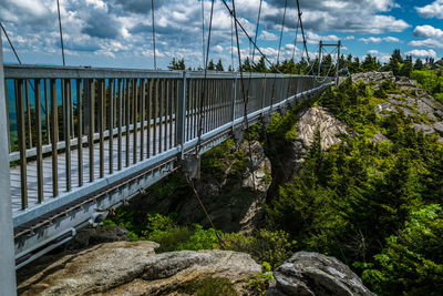 Footbridge over river against sky