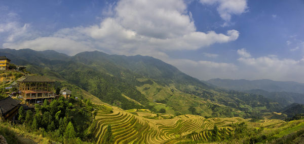 Scenic view of mountains against cloudy sky