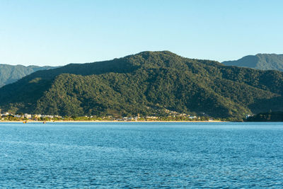 Scenic view of sea against clear blue sky