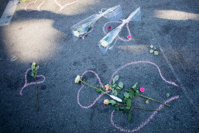 High angle view of flowers and bouquets on road with chalk drawing