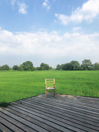 Empty park bench on field against sky