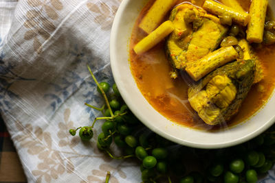 High angle view of food in bowl on table