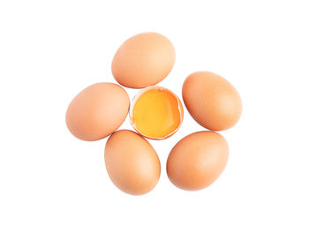 Close-up of eggs against white background