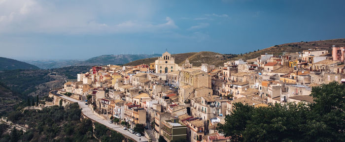 High angle view of buildings in city