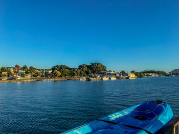 Scenic view of sea against clear blue sky