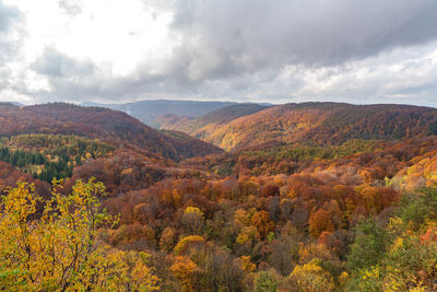 Scenic view of mountains against sky during autumn