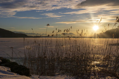 Scenic view of lake against sky during sunset