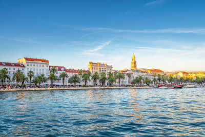 Scenic view of the city of split in croatia in warm summer sunset light