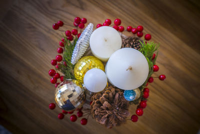 High angle view of christmas decorations on table