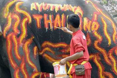 Rear view of boy painting on elephant