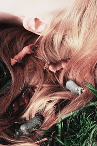 High angle view of woman lying down
