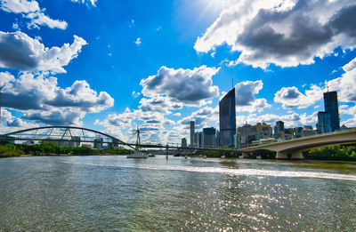 Bridge over river with buildings in background