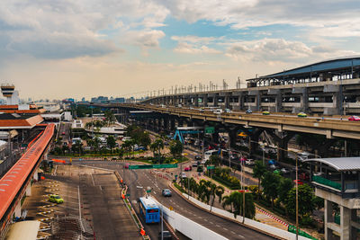 High angle view of vehicles on road in city