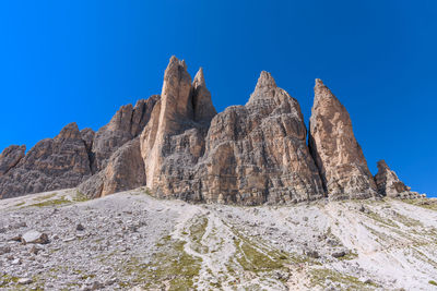 Low angle view of rocks against blue sky