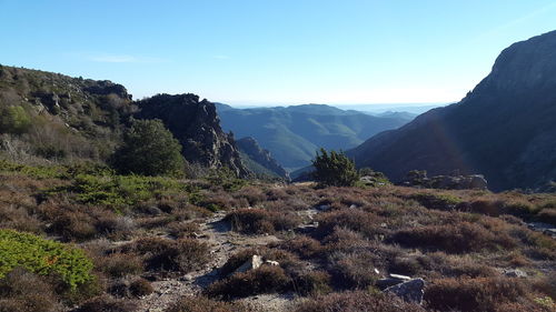 Scenic view of landscape and mountains against sky