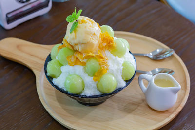 High angle view of dessert in plate on table