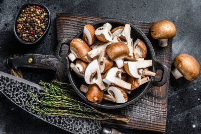 High angle view of mushrooms in container