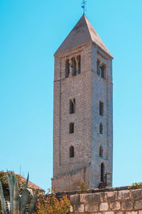 Low angle view of old building against clear blue sky