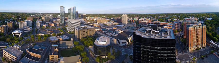 High angle view of buildings in city