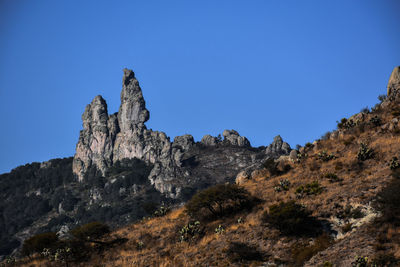 Low angle view of rock formations against clear blue sky